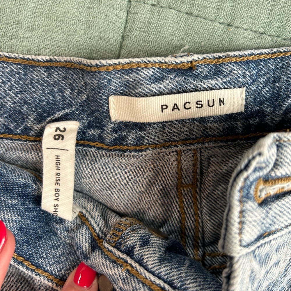 PACSUN high rise boy shorts, long denim shorts, patchwork 26/27
